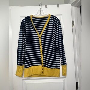 Striped Navy and White Cardigan with Yellow Trim